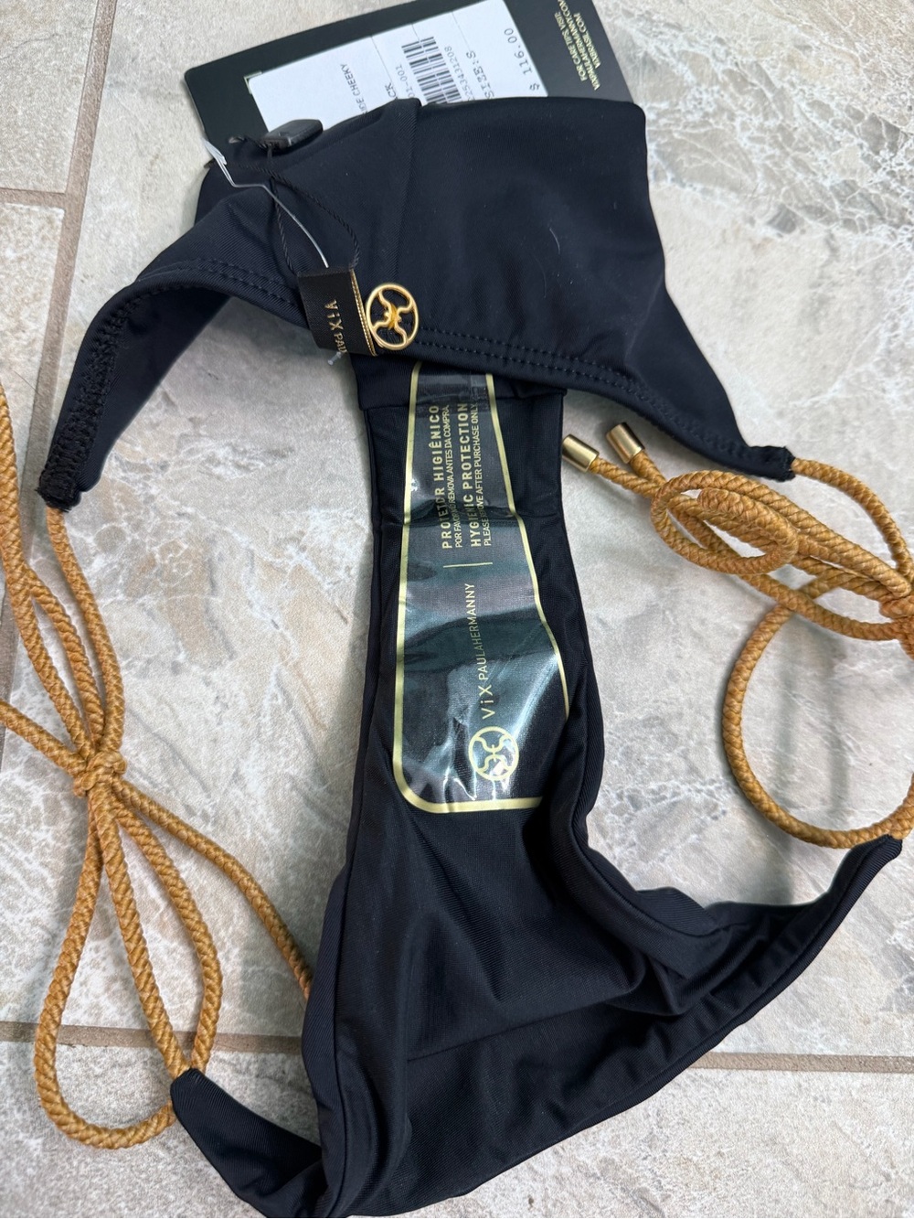 Vix Paula Hermanny Black Tie Side Cheeky Bikini Bottom with Gold Rope Straps - Picture 8 of 8